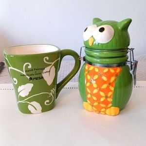 Owl Novelty Ceramic Canister 7" tall and Mesa 4.5" hand painted Cup